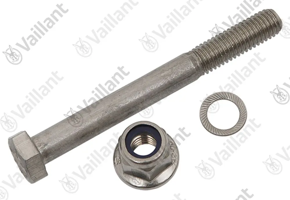 Vaillant Schraube mit Hexagonkopf, Metallgewinde und Unterlegscheibe, zusammen mit einer Mutter. Teile für mechanische Befestigung.